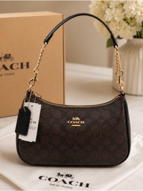 Coach Handbags - Coach Brown Signature Canvas Shoulder Bag with Gold Hardware